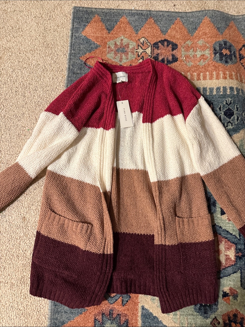 Pink Rose Colorblock Open-Front Cardigan - Burgundy, Cream & Tan